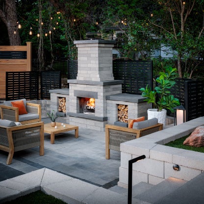Featured are Melville™ Fireplace and Wood Boxes, which can make a beautiful focal point.